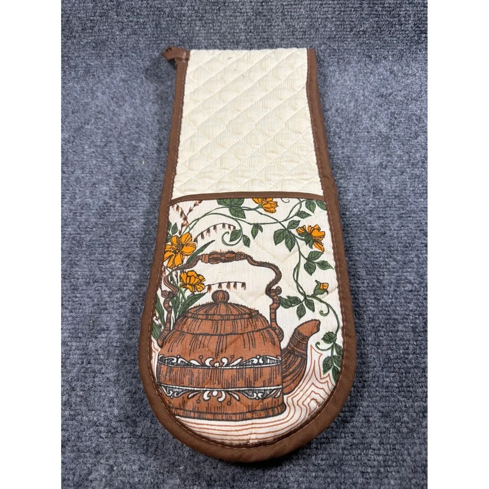 Vintage Double Oven Mitt Quilted Teapot Floral Print Brown Cream 31 Inch Long